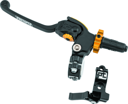 A high-resolution studio product photograph of a ProTaper Profile Pro Clutch Perch with Hot Start assembly, set against a clean white background. Displayed at a front-three-quarter angle, the hard-anodized black aluminum clutch assembly features ProTaper's multi-directional folding XPS lever, a gold-anodized oversized quick-adjust star dial, and an integrated thumb-actuated hot start lever mounted directly to the handlebar clamp assembly.