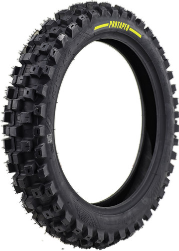 A high-resolution studio product photograph of a ProTaper MXT 04 Rear Tire in size 90/100-16, set against a clean white background. Displayed at a front-three-quarter angle, the heavy-duty youth/minibike motocross rear tire features an aggressive tread pattern with deep, wide-spaced center paddle knobs for maximum straight-line drive and edge lugs designed for cornering traction in intermediate-to-hard terrain. Constructed with a durable rubber carcass, the black tire