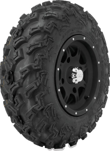 A high-resolution studio product photograph of a QuadBoss QBT447 Utility ATV/UTV tire in size 25x8-12, set against a clean white background. Displayed at a front-three-quarter angle, the heavy-duty front all-terrain utility tire features a non-directional tread design with multi-angled lugs that provide excellent traction on hardpack, mud, and loose trail surfaces. Constructed with a durable 6-ply rated bias carcass, the black rubber casing displays crisp embossed sidewall text including "QUADBOSS", "QBT447", and "25x8-12".