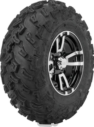 A high-resolution studio product photograph of a QuadBoss QBT447 Utility ATV/UTV tire in size 27x9-12, set against a clean white background. Displayed at a front-three-quarter angle, the heavy-duty front all-terrain utility tire features a non-directional tread design with multi-angled lugs that provide reliable traction on hardpack, mud, and loose trail surfaces. Constructed with a durable 6-ply rated bias carcass, the black rubber casing displays crisp embossed sidewall text including "QUADBOSS", "QBT447", and "27x9-12".