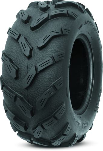 A high-resolution studio product photograph of a QuadBoss QBT671 Mud ATV/UTV tire in size 25x10-12, set against a clean white background. Displayed at a front-three-quarter angle, the heavy-duty rear mud tire features an aggressive directional V-tread pattern with deep, siped lugs designed for maximum mud cleanout, enhanced traction in soft terrain, and solid side-bite in deep ruts. Constructed with a tough 6-ply rated carcass, the durable black rubber casing displays crisp embossed sidewall text including "QUADBOSS", "QBT671", and "25x10-12".