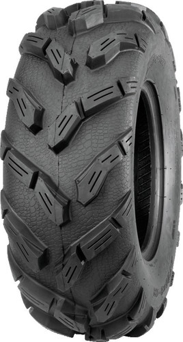 A high-resolution studio product photograph of a QuadBoss QBT671 Mud ATV/UTV tire in size 26x9-12, set against a clean white background. Displayed at a front-three-quarter angle, the heavy-duty front mud tire features an aggressive directional V-tread pattern with deep, siped lugs designed for maximum mud cleanout, enhanced traction in loose terrain, and solid side-bite in deep ruts. Constructed with a tough 6-ply rated carcass, the durable black rubber casing displays crisp embossed sidewall text including "QUADBOSS", "QBT671", and "26x9-12".