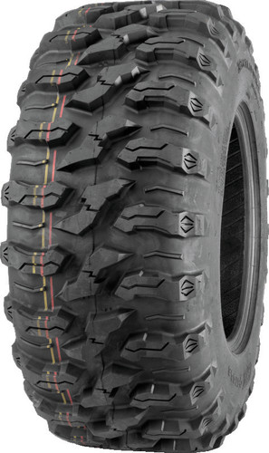 A high-resolution studio product photograph of a QuadBoss QBT446 Radial Utility UTV tire in size 29x11R14, set against a clean white background. Displayed at a front-three-quarter angle, the heavy-duty rear radial all-terrain utility UTV tire features a non-directional, multi-surface tread design with tight center lugs for a smooth ride on hardpack and wrapped shoulder lugs for aggressive side-bite and cornering control. Constructed with an 8-ply rated radial carcass, the durable black rubber casing displays crisp embossed sidewall text including "QUADBOSS", "QBT446", and "29x11R14".