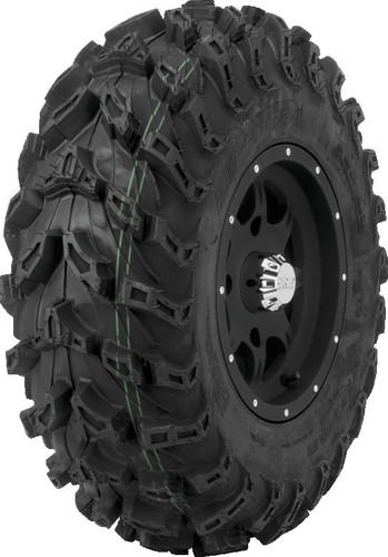 A high-resolution studio product photograph of a QuadBoss QBT672 Radial Mud ATV/UTV tire in size 27x9R12, set against a clean white background. Displayed at a front-three-quarter angle, the heavy-duty front radial mud ATV/UTV tire features an aggressive directional V-tread pattern with deep center lugs, wide self-cleaning cleanout channels, and stepped sidewall tread elements for maximum mud traction and side-bite. Constructed with an 8-ply rated radial carcass, the durable black rubber casing displays crisp embossed sidewall text including "QUADBOSS", "QBT672", and "27x9R12".