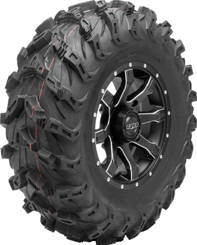 A high-resolution studio product photograph of a QuadBoss QBT673 Mud UTV tire in size 32x10-14, set against a clean white background. Displayed at a front-three-quarter angle, the aggressive extreme-terrain mud tire features deep, directional tread lugs designed for ultimate mud cleanout, enhanced bite in deep ruts, and wraparound shoulder protection. Constructed with a heavy-duty 6-ply rated carcass, the durable black rubber casing displays crisp embossed sidewall text including "QUADBOSS", "QBT673", and "32x10-14".