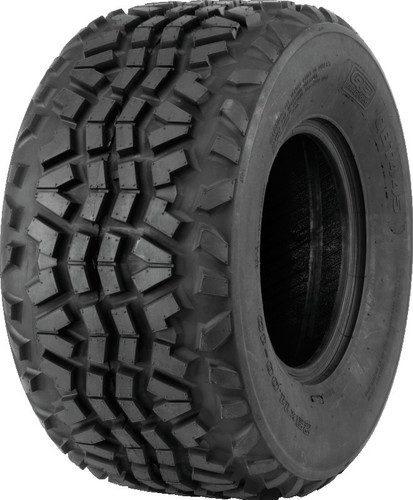 A high-resolution studio product photograph of a QuadBoss QBT445 Utility ATV tire in size 23x11-10, set against a clean white background. Displayed at a front-three-quarter angle, the work-ready utility ATV tire features an aggressive multi-directional tread pattern with tightly packed center blocks for smooth rolling on hard surfaces and angled outer lugs for reliable off-road traction. Constructed with a 4-ply rated carcass, the durable black rubber casing displays crisp embossed sidewall text including "QUADBOSS", "QBT445", and "23x11-10".