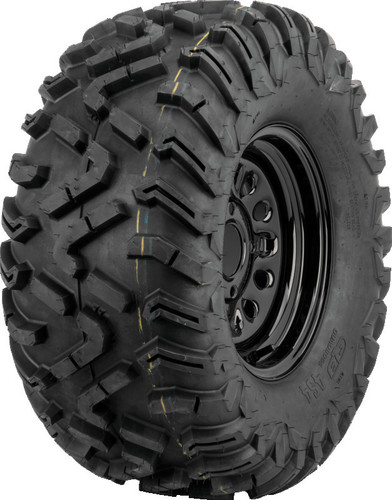 A high-resolution studio product photograph of a QuadBoss QBT454 Utility UTV tire in size 30x10R14, set against a clean white background. Displayed at a front-three-quarter angle, the rugged off-road tire features an aggressive non-directional tread design with deep, spaced center tread blocks and heavy-duty wraparound shoulder lugs. Built with a 6-ply rated radial construction, the durable black rubber casing displays crisp embossed sidewall text including "QUADBOSS", "QBT454", and "30x10R14".