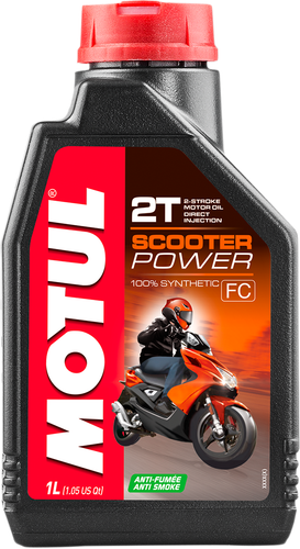 A studio product photograph of a 1-liter bottle of Motul Scooter Power 2T 100% Synthetic engine oil, set against a clean white background. Standing upright at a front-facing angle, the sleek black plastic container features side grip contours and a red twist-off cap. The front label displays a dark panel featuring a modern sport scooter rider graphic alongside the vertical white "MOTUL" logo set on a bold red banner, paired with crisp orange and white "2T", "SCOOTER POWER", "100% SYNTHETIC", "ESTER", "FD", and "ANTI-SMOKE" callouts.