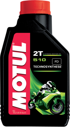 A high-resolution studio product photograph of a 1-liter bottle of Motul 510 2T Technosynthese engine oil, set against a clean white background. Standing upright at a front-facing angle, the sleek black plastic container features side grip contours and a red twist-off cap. The distinct front label displays a dark panel featuring a motorcycle silhouette graphic alongside the vertical white "MOTUL" logo set on a bold red banner, paired with bright green and white "510", "TECHNOSYNTHESE®", "2T MOTOR OIL", and "ANTI-SMOKE" callouts.
