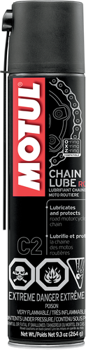 A high-resolution studio product photograph of a 9.3 oz. (263 g) aerosol can of Motul C2 Chain Lube Road, set against a clean white background. Standing upright at a front-facing angle, the tall cylindrical black spray can features an integrated black actuator nozzle top with a precise application straw. The dynamic front label showcases the bold white "MOTUL" logo vertically against a red background alongside white and silver "MC CARE", "C2", "CHAIN LUBE ROAD", and motorcycle chain ring graphics, compatible with O-ring, X-ring, and Z-ring drive chains and engineered with a non-fling, high-viscosity formula to protect against wear, corrosion, and friction on street and road motorcycles.