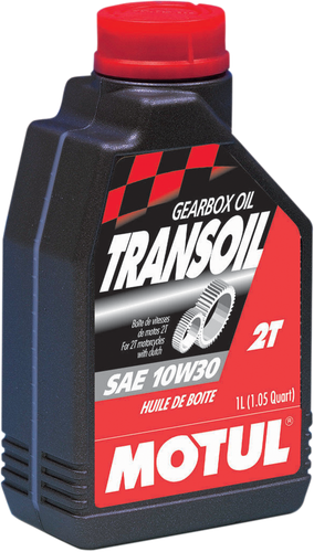 A high-resolution studio product photograph of a 1-liter container of Motul Transoil Transmission Fluid in 10W-30 viscosity, set against a clean white background. Standing upright at a front-facing angle, the sleek dark gray plastic bottle features a textured ergonomic grip and a red twist-off cap. The dynamic front label displays the bold white "MOTUL" logo vertically alongside a vibrant blue "TRANSOIL", "10W-30", "TRANSMISSION FLUID" callout, and a detailed graphic of motorcycle gearbox gears and shaft components, specially formulated for gearboxes with integrated wet clutches requiring separate transmission oil.
