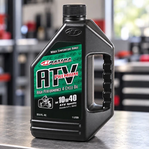 Maxima ATV 4T Premium 10W-40 oil displayed in a professional ATV service workshop