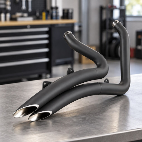 Vance & Hines Big Radius 2-into-2 matte-black exhaust system displayed in a motorcycle workshop