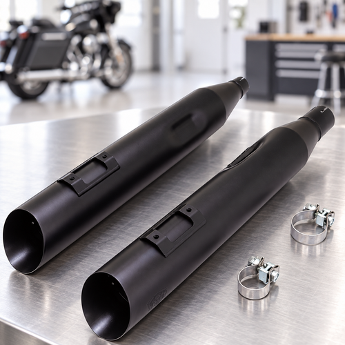 Vance & Hines Blackslash 450 black slip-on mufflers 46764 in a motorcycle workshop