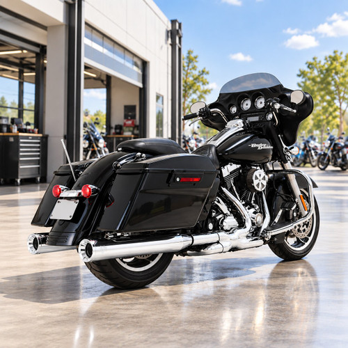 Vance & Hines Eliminator 400 chrome slip-on mufflers installed on a Harley-Davidson Touring motorcycle