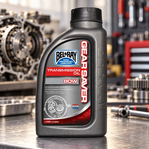Bel-Ray Gear Saver 80W transmission oil displayed on a motorcycle workshop service bench