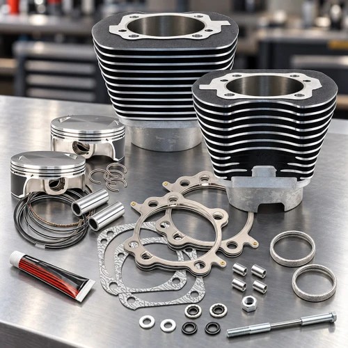 S&S Cycle 117-inch wrinkle-black Big Bore Cylinder Kit arranged on an engine workshop bench