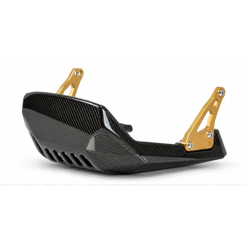 Thrashin Supply Co. glossy carbon-fiber motorcycle skid plate with gold mounting brackets TSC-3034-5