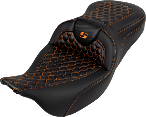 SADDLEMEN RoadSofa™ Seat - Honeycomb - Orange Stitch - without Backrest - FLH/FLT '08-'23 808-07B-18903