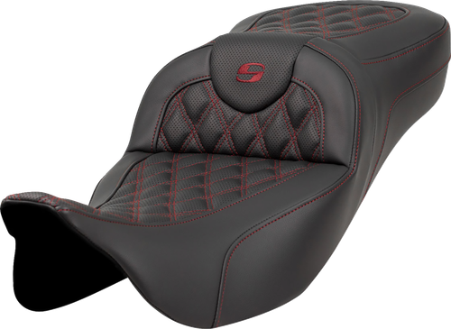 SADDLEMEN Extended Reach Roadsofa™ Seat - Lattice Stitch - Burgundy Stitch - without Backrest - FL '08-'24 808-07B-18408