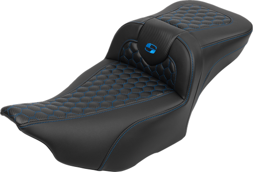 SADDLEMEN Roadsofa™ Extended Reach Seat - with Backrest - Honeycomb - Blue Stitch - FLTR/FLHX '23-'24 823-07-190B1