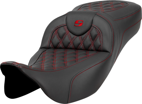 SADDLEMEN Extended Reach Roadsofa™ Seat - Lattice Stitch - Red Stitch - without Backrest - FL '08-'24 808-07B-18404