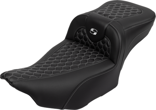 SADDLEMEN Roadsofa™ Extended Reach Seat - with Backrest - Honeycomb - Silver Stitch - FLTR/FLHX '23-'24 823-07-190B5