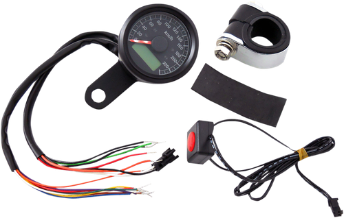 DRAG SPECIALTIES Mini Programmable Speedometer with Indicator Lights - Gloss Black - KPH - Black Face 77902K