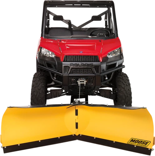 Moose yellow V-plow on a red UTV with both halves shown; this listing is the 72 in. right side 2718PF-R