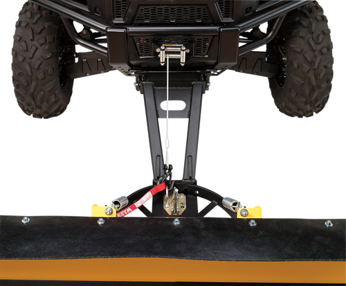 underside view of a UTV with a Moose RM5 plow frame and blade installed, shown with mount 4480PF