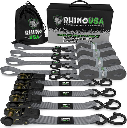Rhino USA Medium Duty Ratchet Strap Tie-Down 4-Pack (Gray)
