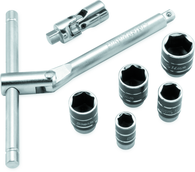 BikeMaster 1/4 inch Drive Compact Sliding and Folding T-Handle Set with 6-Point Sockets