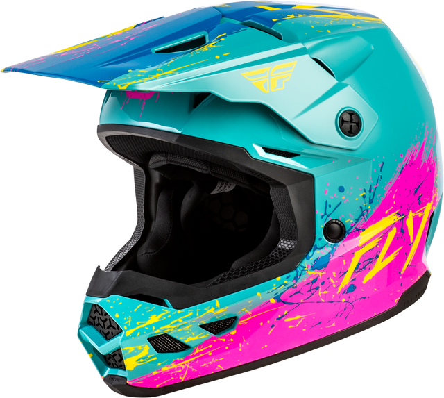 Fly Racing Youth Kinetic Drip Helmet Turquoise, Pink & Yellow – Lightweight Off-Road Motorcycle Helmet