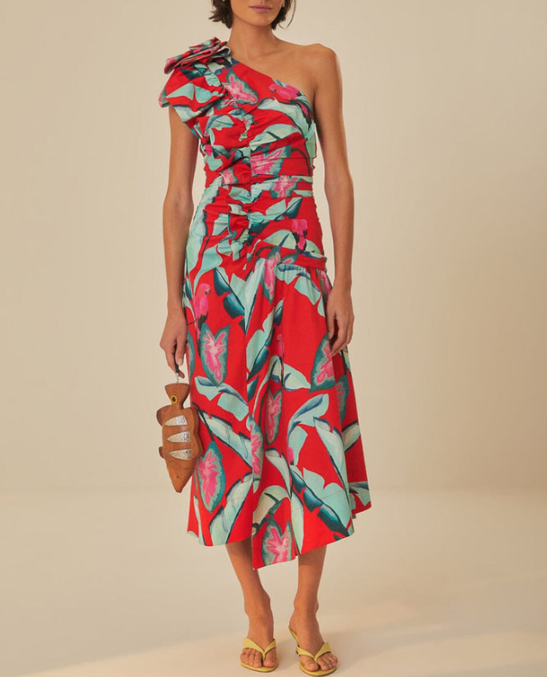 chinese dress ladies Farm Rio Red Summer Foliage One Shoulder Maxi Dress, Summer Foliage Red / M