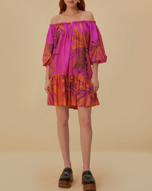 beach forest pink off the shoulder mini dress FARM RIO go beach club barcelona