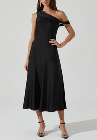 orissa satin off shoulder dress ASTR Orissa Satin Off Shoulder Dress- Black