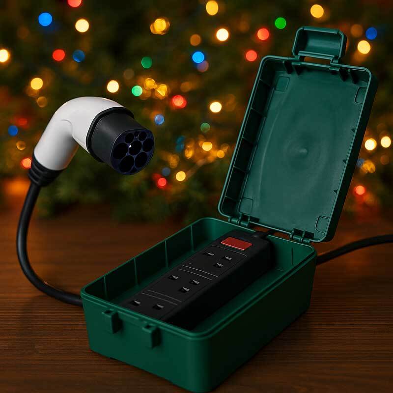 EV Type 2 plug powering Christmas lights using a 4-gang socket and WBXG-MP weatherproof box – MotorCables.co.uk