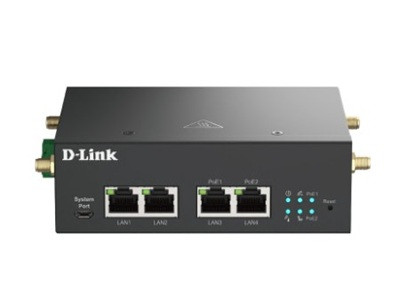 D-Link DWM-314-GP 5G PoE modem with 4 LAN ports, dual SIM slots, and rugged design