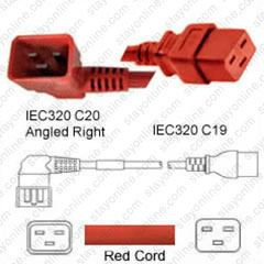 35706MTO - IEC320 C20 Male Plug Angled Right to C19 Connector 2.5 meters / 8 feet 20A/250V 12/3 SJT Red - Power Cord