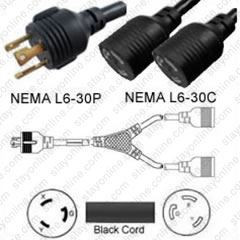 4432A - NEMA L6-30 Plug to 2 Way L6-30 Connectors 3.0 Meters / 10 Feet 30A/250V 10/3 SJT 24 Inch Legs Black - Splitter Power Cord