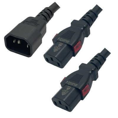 62361MTS - IEC320 C14 Male Plug to 2 Way C13 Connector WS-Lock 0.8 Meters / 2.5 Feet 15A/250V 14/3 SJT 24 Inch Legs Black - Locking Splitter Power Cord