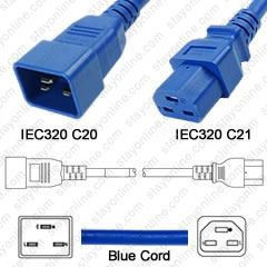 1549B - IEC320 C20 Male Plug to C21 Connector 0.9 Meters / 3 Feet 20A/250V 12/3 SJT Blue - Power Cord