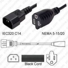 4840A - IEC320 C14 Male Plug to NEMA 5-20 Connector 0.3 meters / 1 foot 15A/125V 14/3 SJT Black - Power Cord