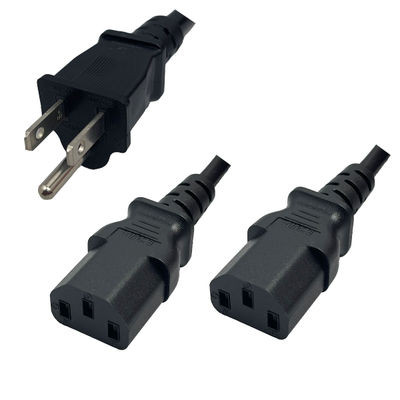 9978A - NEMA 5-15 Plug to 2 Way IEC320 C13 Connectors 4.5 Meters / 15 Feet 15A/125V 14/3 SJT 24 Inch Legs Black - Splitter Power Cord