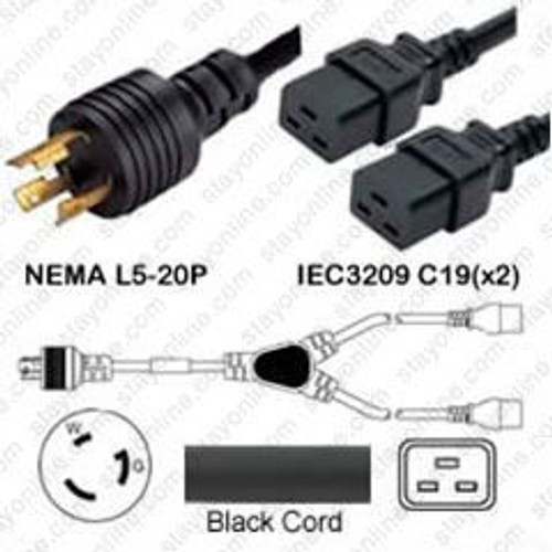NEMA L5-20 Male Plug to 2 Way IEC320 C19 Connectors 3.0 Meters / 10 Feet 20A/125V 12/3 SJT 24 Inch Legs Black - Splitter Power Cord