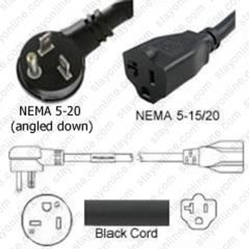 NEMA 5-20 Male Plug Angled Down to 5-20 Connector 4.5 Meters / 15 Feet 20A/125V 12/3 SJT Black - Power Extension Cord