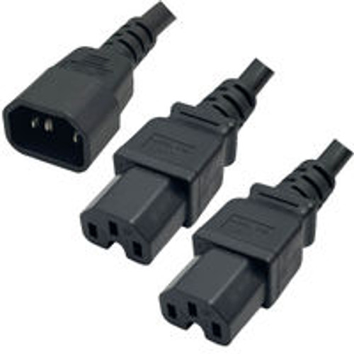 IEC320 C14 Male Plug to 2 Way C15 Female Connectors 4.5 Meters / 15 Feet 15A/250V 14/3 SJT 24 Inch Legs Black - Splitter Power Cord