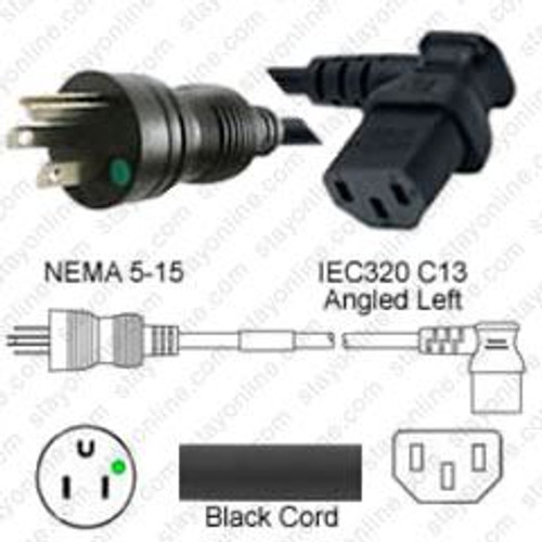 NEMA 5-15 Male Plug to IEC320 C13 Connector Angled Left 0.3 Meters / 1 Foot 15A/125V 14/3 SJT Black - Hospital Grade Power Cord