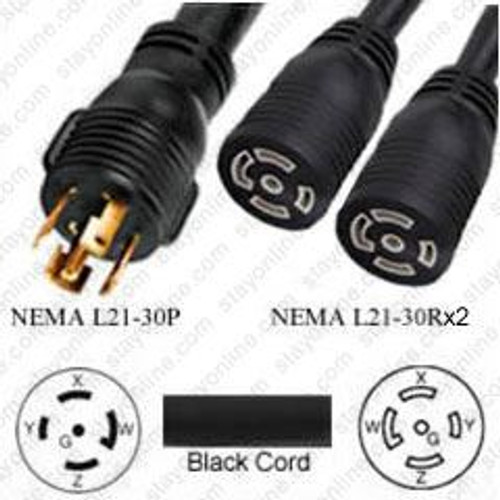 NEMA L21-30 Male Plug to 2 Way L21-30 Connectors 3.0 Meters / 10 Feet 30A/208V 8/5 SOOW 24 Inch Legs Black - Splitter Power Cord