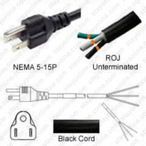 NEMA 5-15 Male Plug to ROJ 4.5 Meters / 15 Feet 10A/125V 18/3 SVT Black - Power Supply Cord